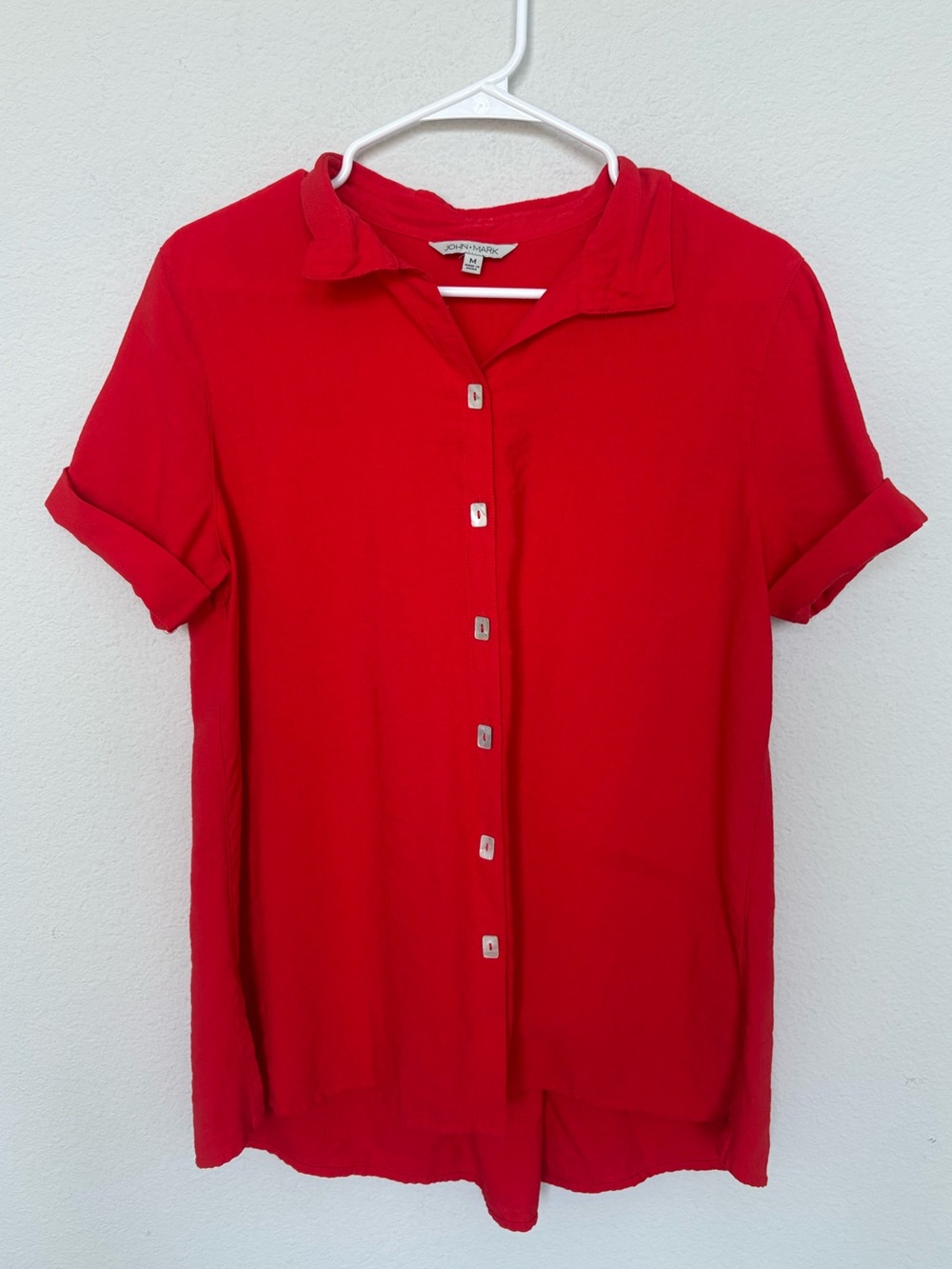 John Mark Relaxed Button Down Zipper Back Short Sleeve Blouse Medium Casual Chic